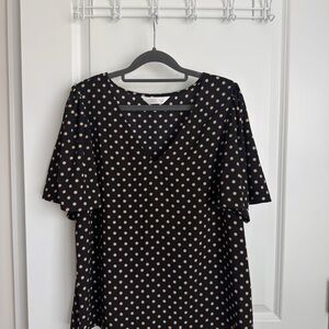 LC Lauren Conrad Black and Tan Polka Dot V-Neck Blouse